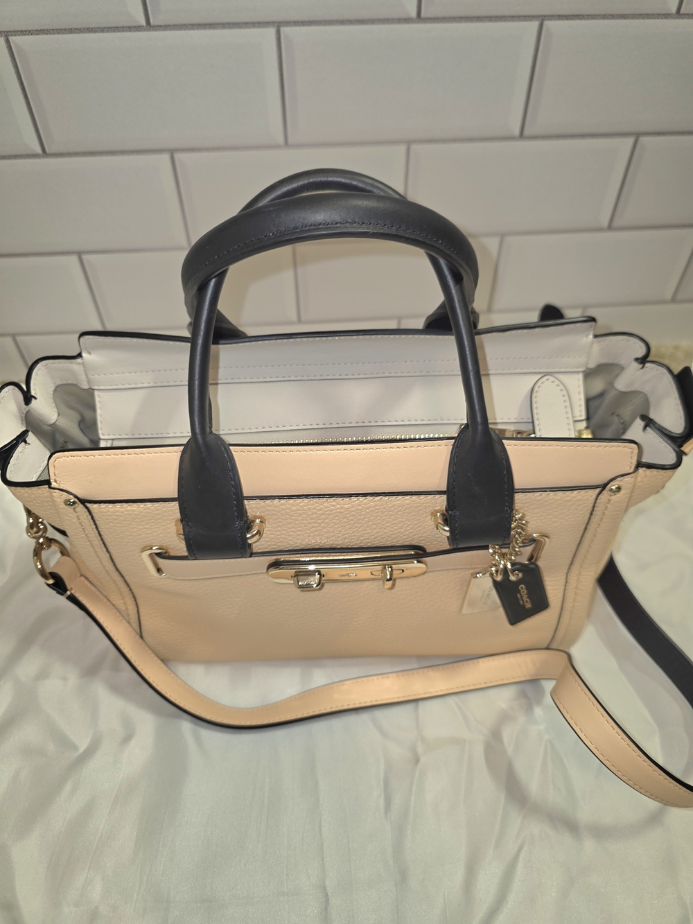 Coach Pebbled Leather Swagger 27 in Peach Salmon and Black (Style 34417) - Picture 13 of 16